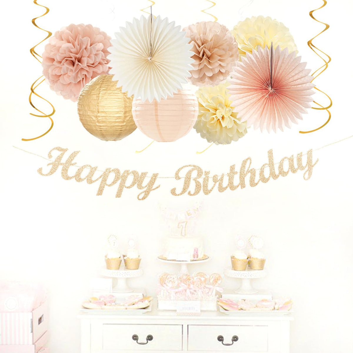 Champagne-Gold Beige 21st Happy-Birthday Party-Decorations - 31pcs Sweet 16 18th Women Girls Paper