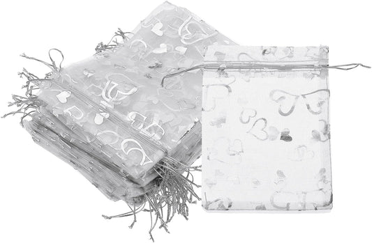 PATIKIL 100 Pcs 5x7 Inch Heart Printed Organza Bags, Silver Sheer Heart Organza Bags with