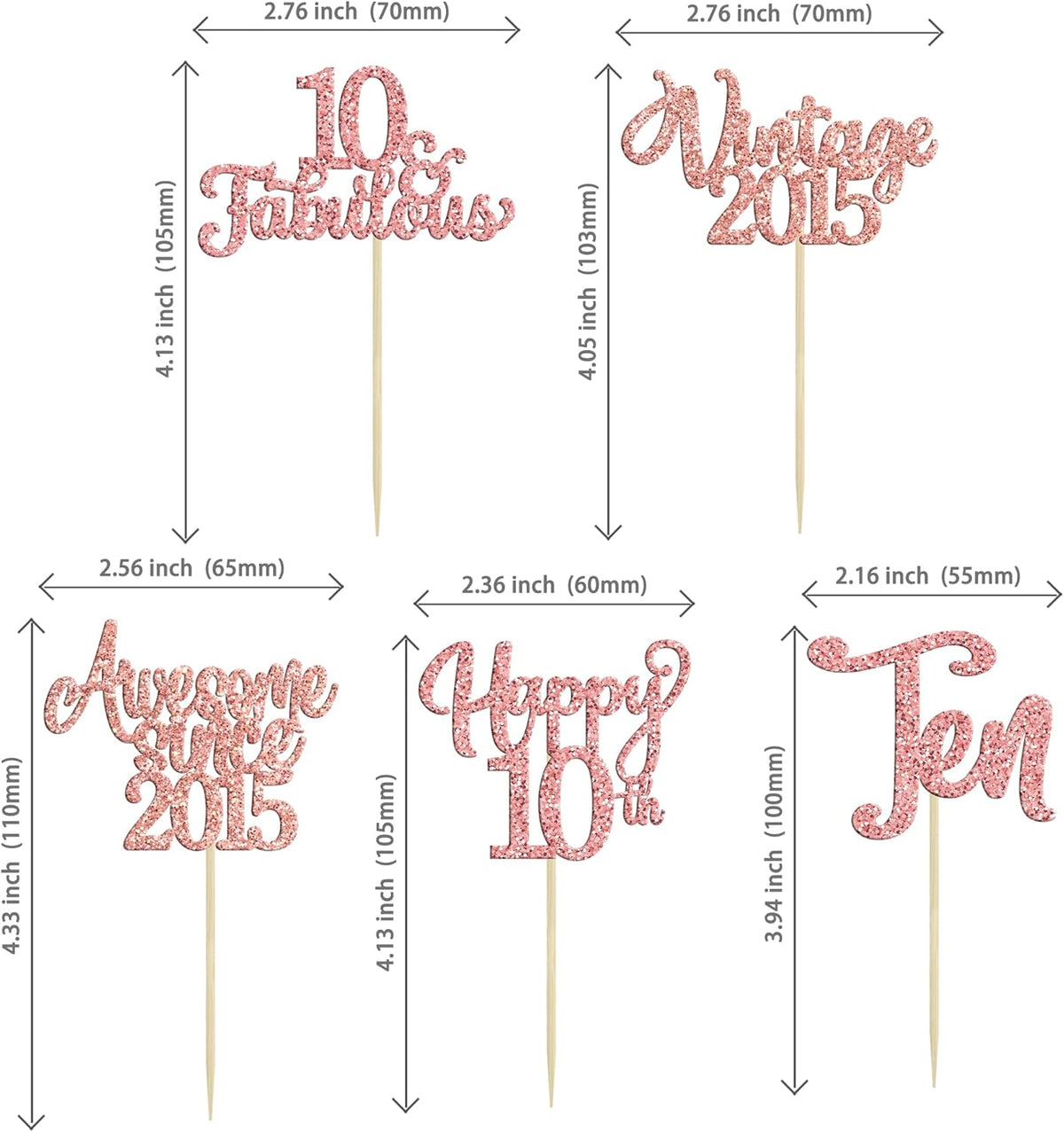 30Pcs Vintage 2015 Cupcake Toppers Glitter Ten 10 Fabulous Happy 10th Birthday Cupcake Picks Cheers