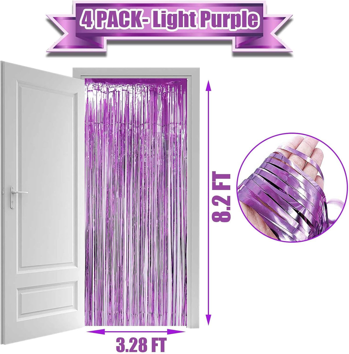 4 Pack Light Purple Foil Fringe Curtain Backdrop, 3.28Ft x 8.2Ft Metallic Tinsel Foil Fringe