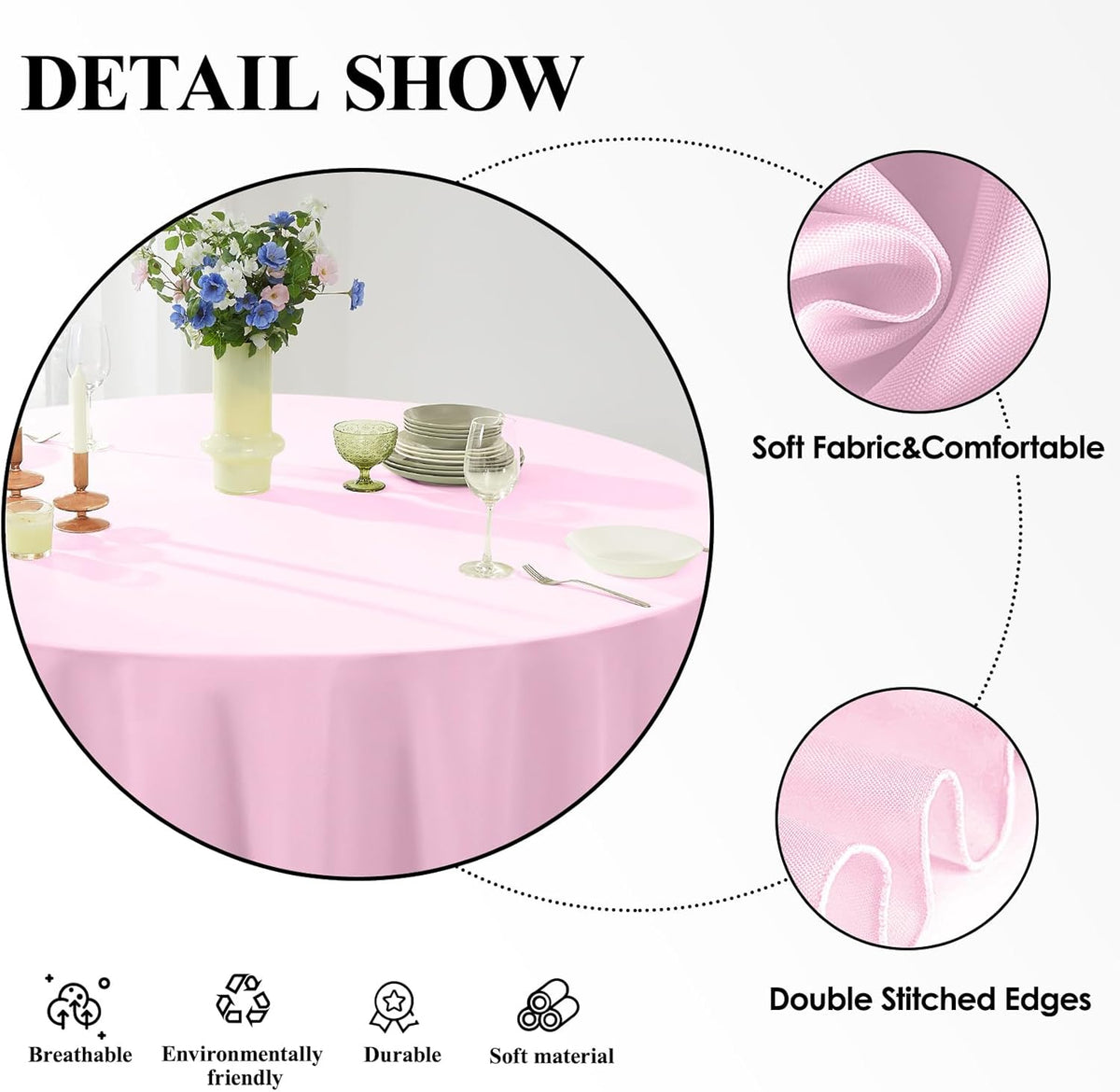 Round Tablecloth 132 Inch 2 Pack Pink Tablecloths Washable Decorative Linen Polyester Table Clothes