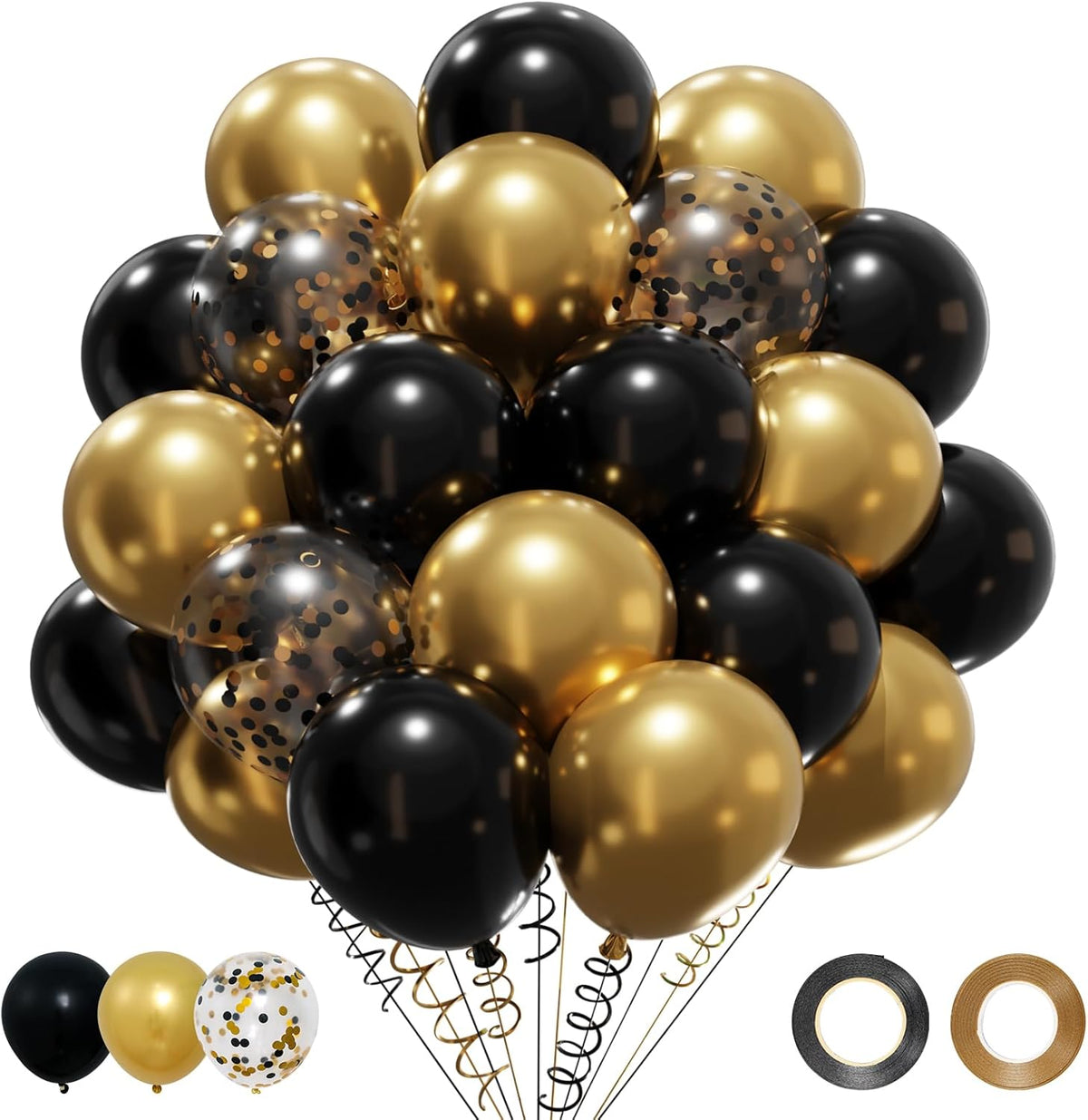 Patimate Black Gold Confetti Balloons Set, 50 pcs 12 inch Metallic Gold Black Confetti Latex