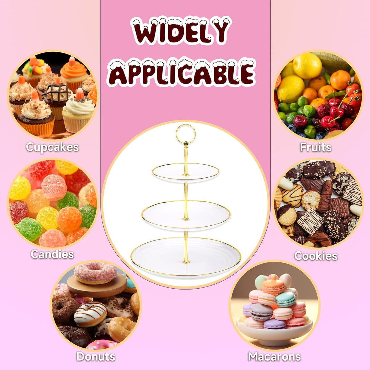 PinCute Cupcake Stand Holder - 3 Tier Cup Cake Dessert Tower, Plastic Tiered Serving Tray&Metal Rod