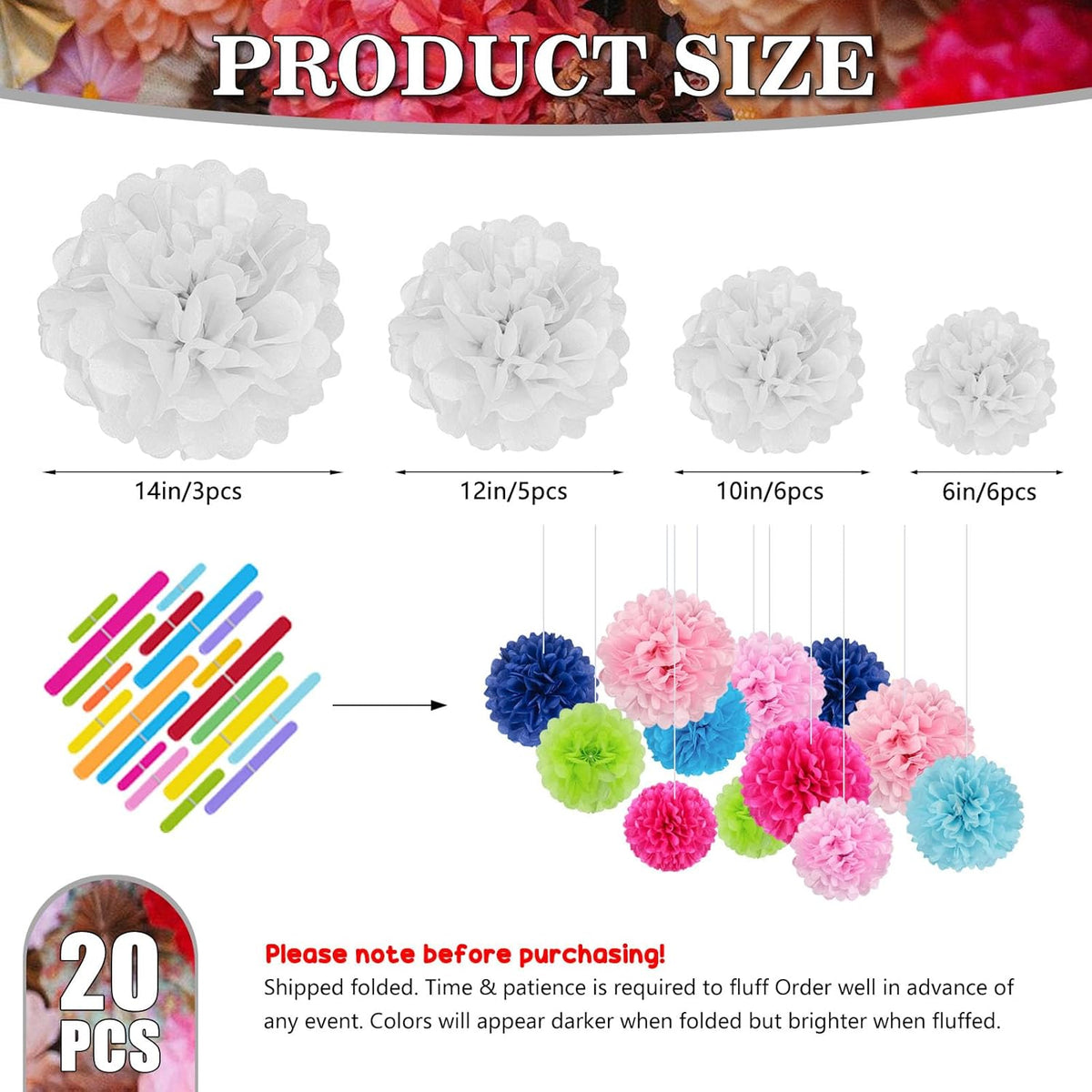 Tissue Paper Pom Poms, White Tissue Paper Flowers, Hanging Flower Balls for Weddings Fiesta Parties