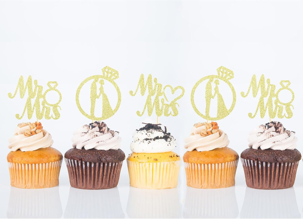Sotpot 24PCS Miss to Mrs Cupcake Toppers with Ring Gold Glitter for Wedding Bridal Shower Wedding