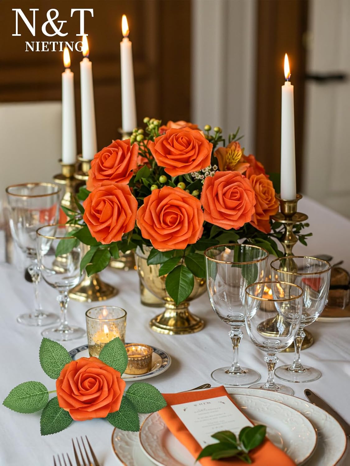 N&T NIETING Artificial Flowers, Fake Flowers Burnt Orange Roses Perfect for DIY Wedding Bridal