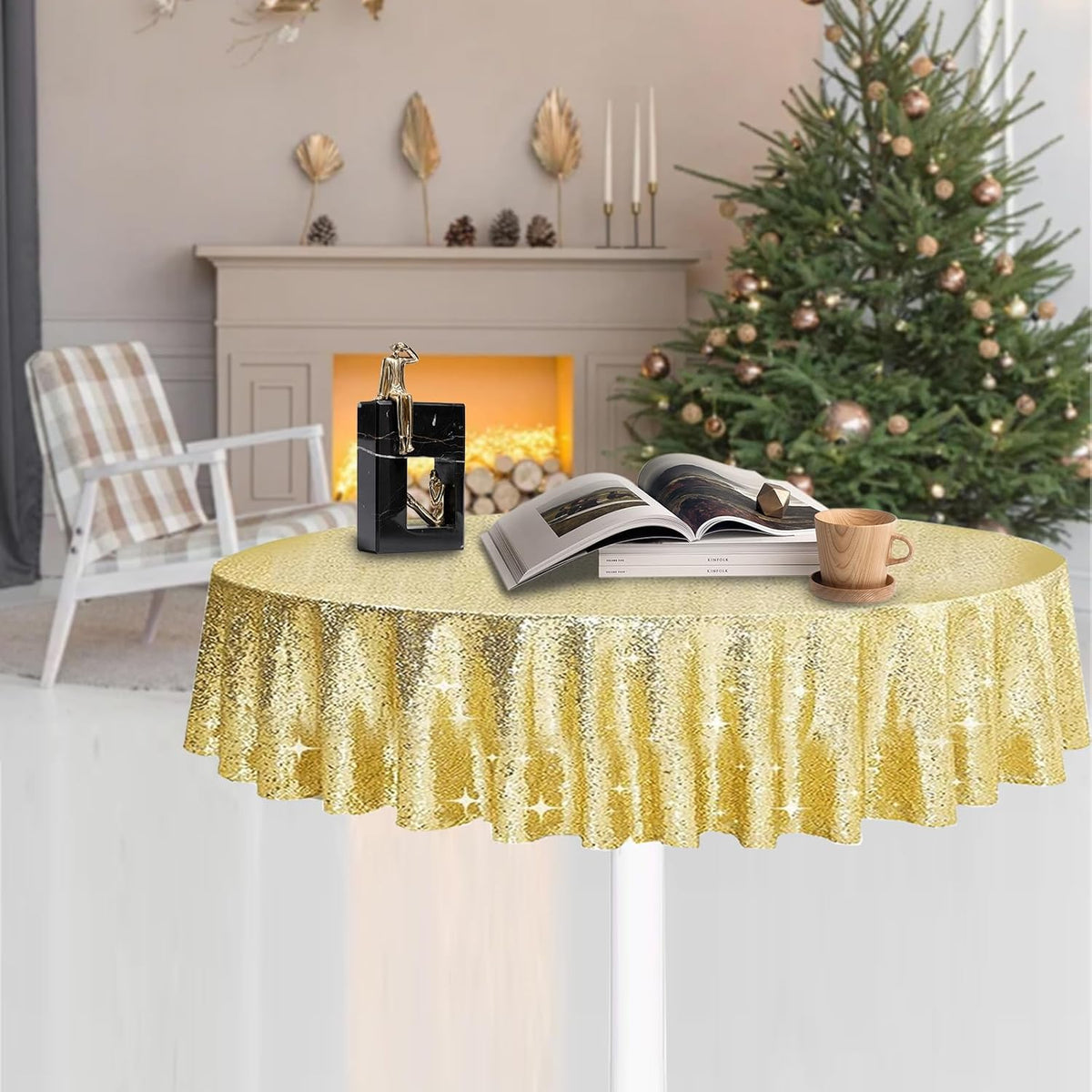 6 Pcs Gold Sequin Tablecloth 50 Inch Gold Round Tablecloth Overlay Round Table Cloth Golden Glitter
