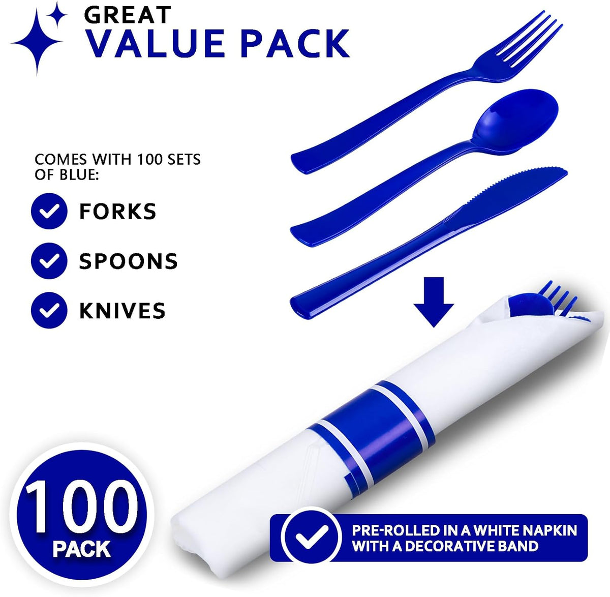 400PCS Pre Rolled Blue Plastic Silverware Sets - Heavy Duty Blue Cutlery - Include 100 Pack Wrapped