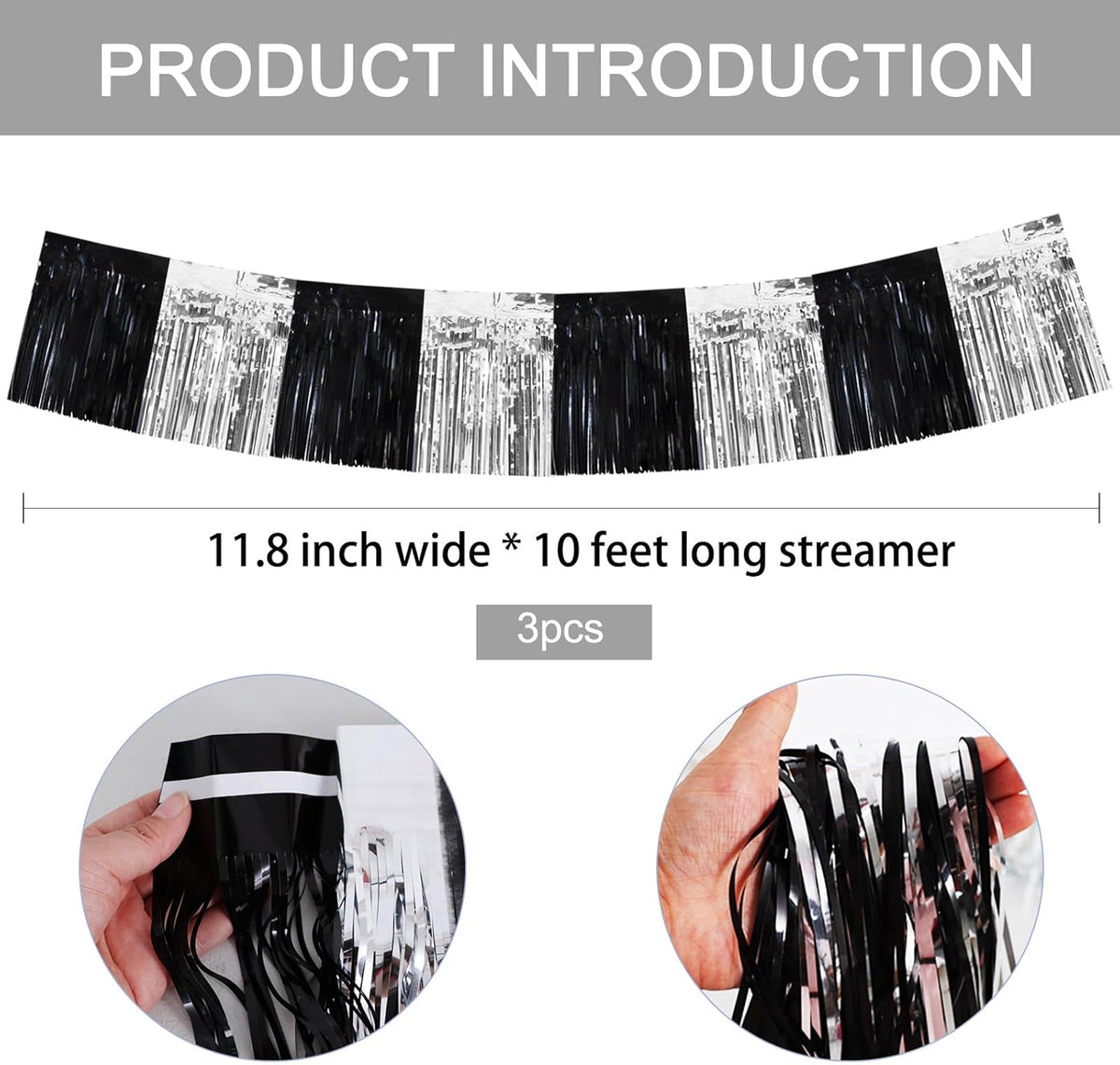 BEISHIDA 3 Packs Metallic Foil Fringe Garland Black Silver Wall Hanging Tinsel Fringe Banners for