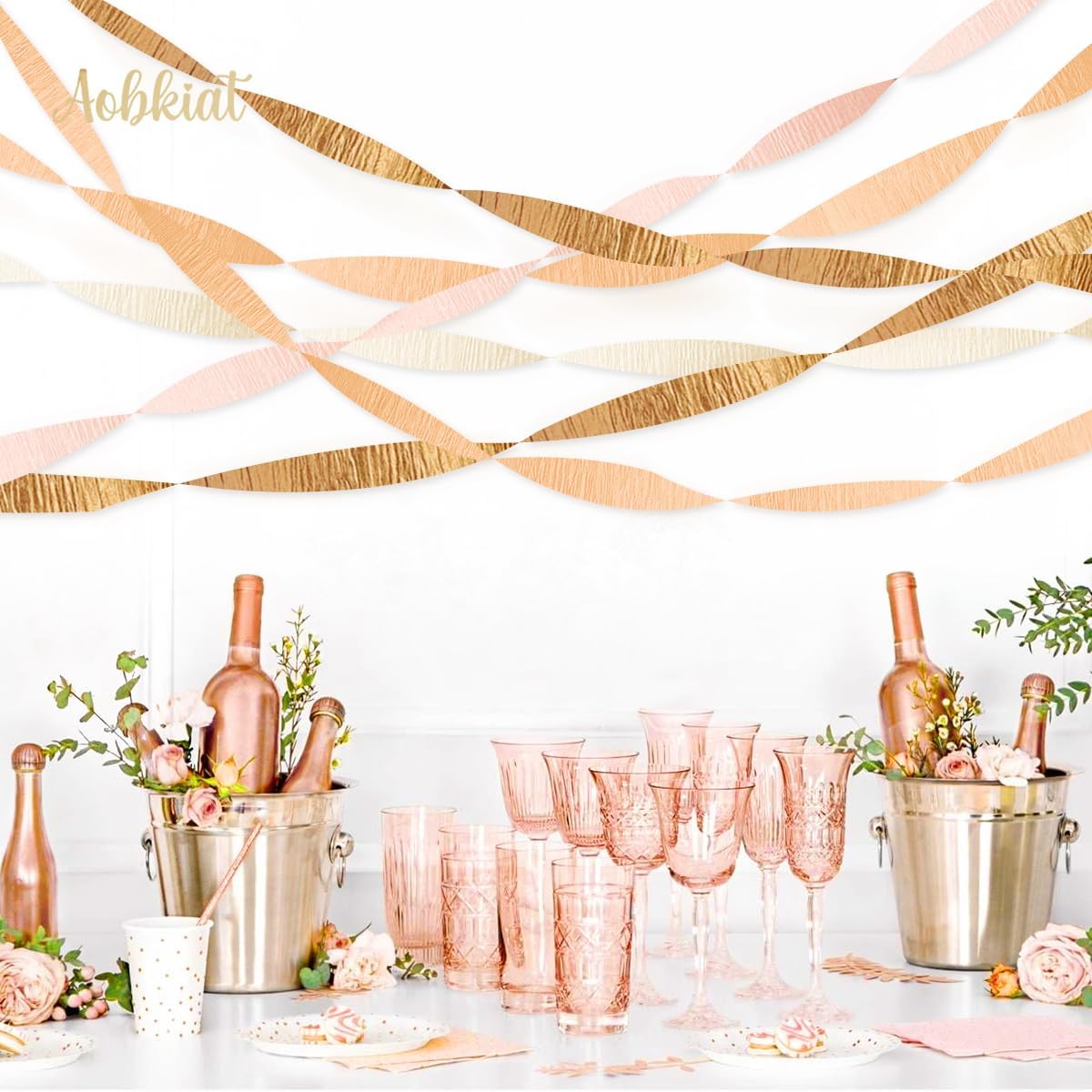 AOBKIAT Wedding Decor Gold Pink Orange Gold Crepe Paper 8 PCS Streamers Party Decorations for