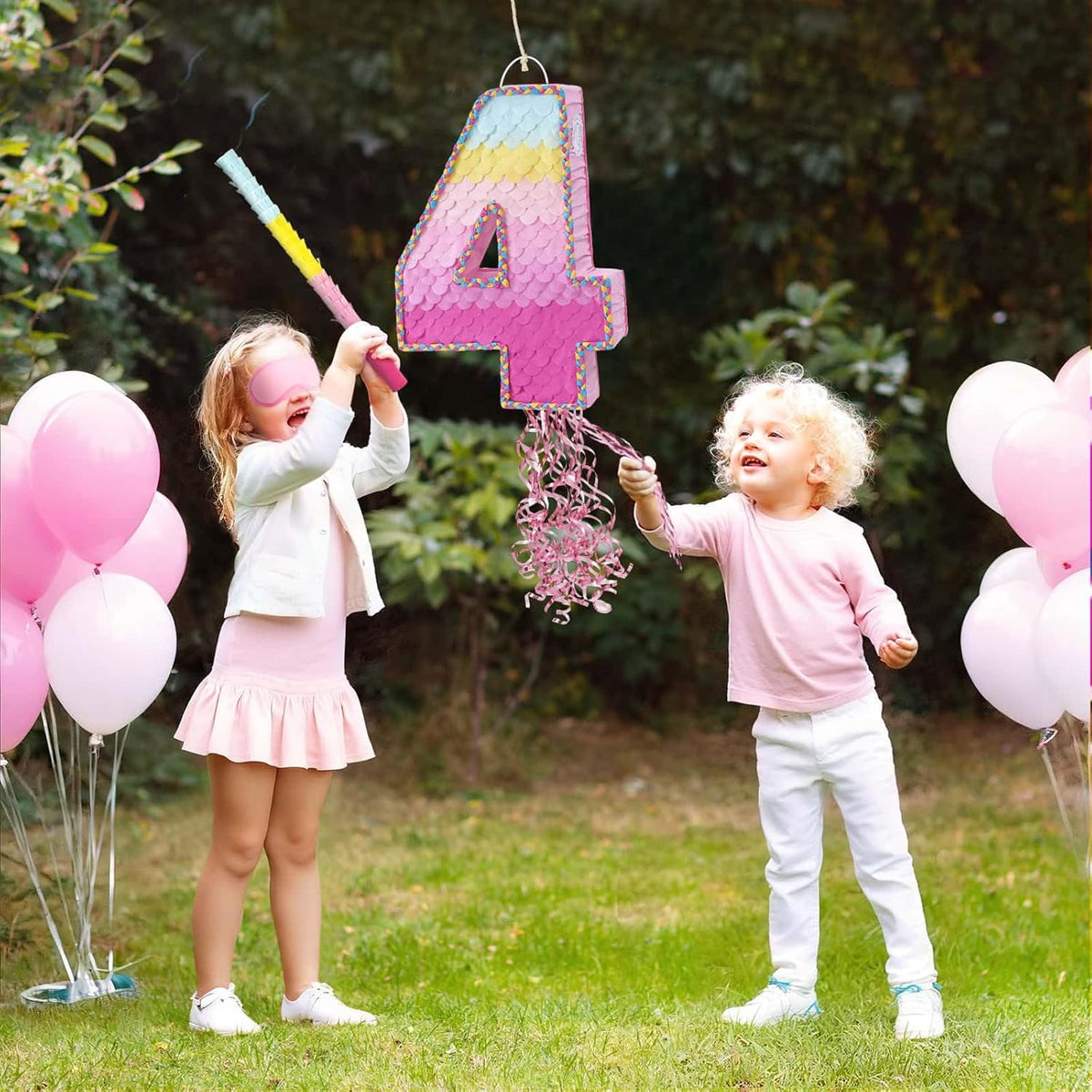 WERNNSAI Pink Sweet Four Pinata - Number 4 Pinata Happy Birthday Decoration Pink Rainbow Design