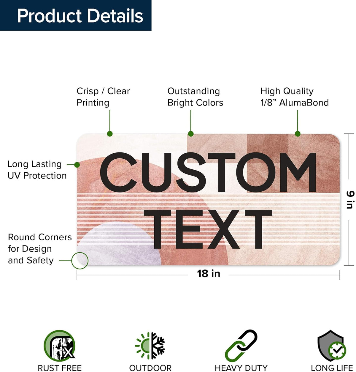 Custom Sign, Custom Street Sign, 11 Font Colors, 13 Font Styles, 4 Hole Options, 22 Sizes, 9x18