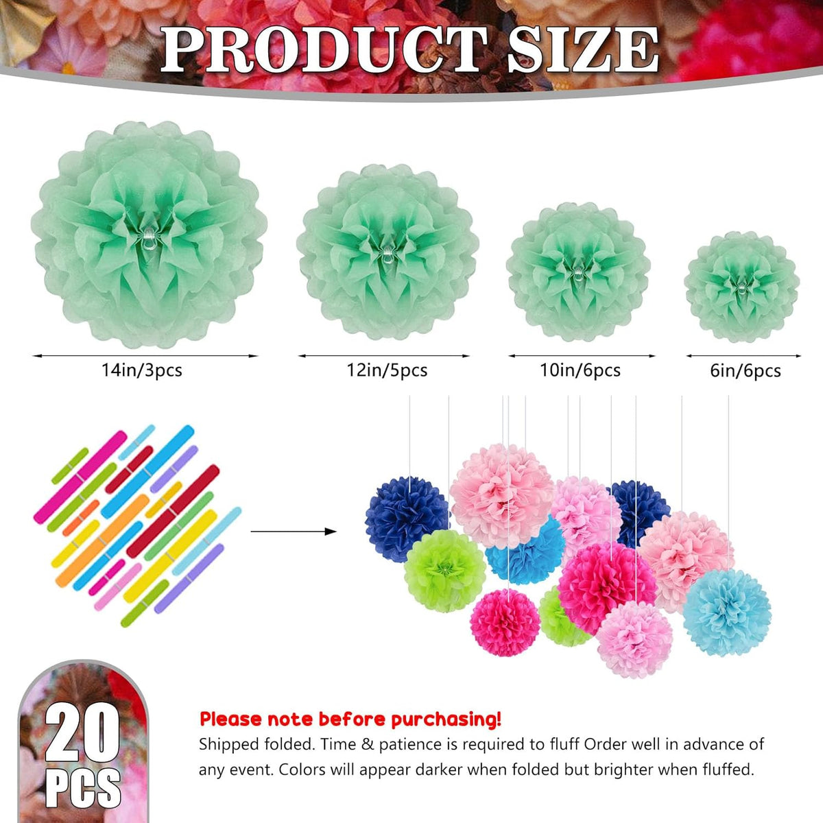 Tissue Paper Pom Poms, Light Green Tissue Paper Flowers, Hanging Flower Balls for Weddings Fiesta
