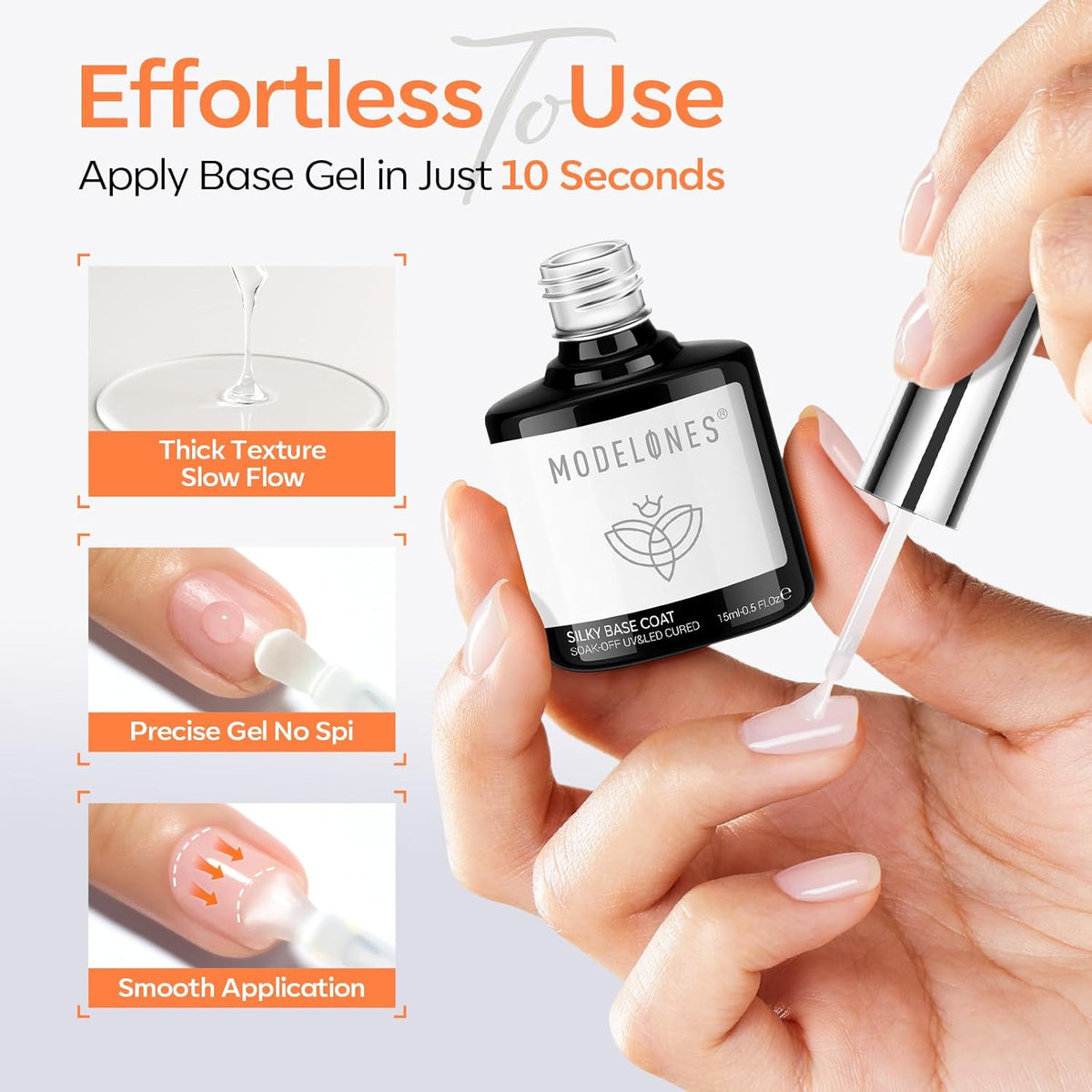 Modelones Gel Top Coat and Upgrade Silky Base, 2 Pcs 15ml Base and Top Coat Set Clear No Wipe