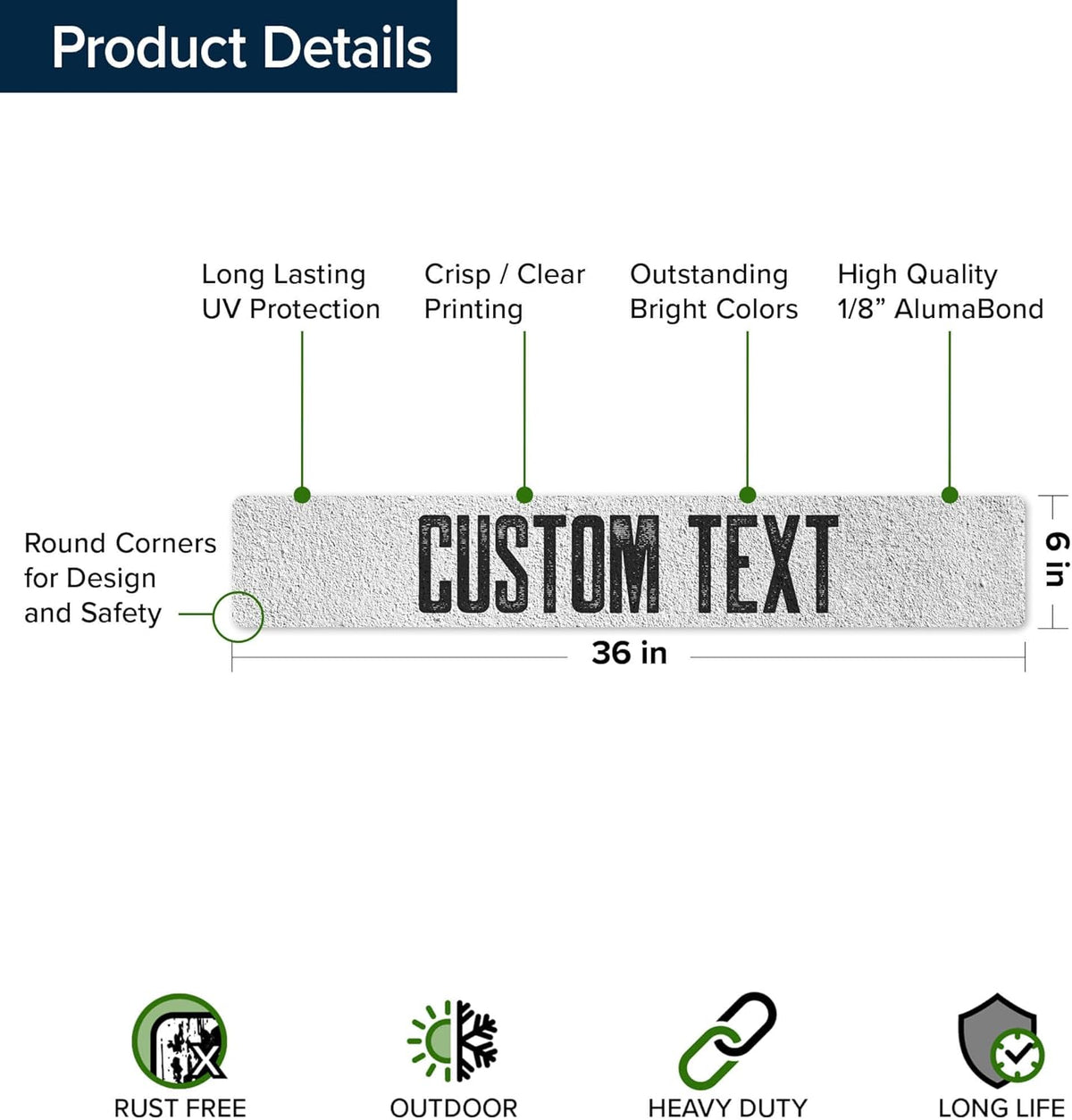 Custom Sign, Custom Street Sign, 11 Font Colors, 13 Font Styles, 4 Hole Options, 22 Sizes, 6x36