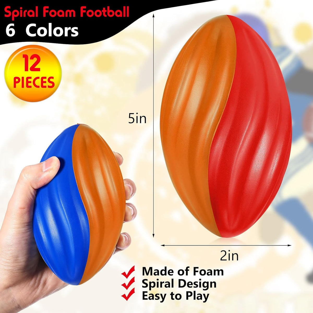 Jerify 12 Pcs Mini Footballs for Kids Spiral Foam Football Bulk 5 Inch Soft Small Waterproof Foam