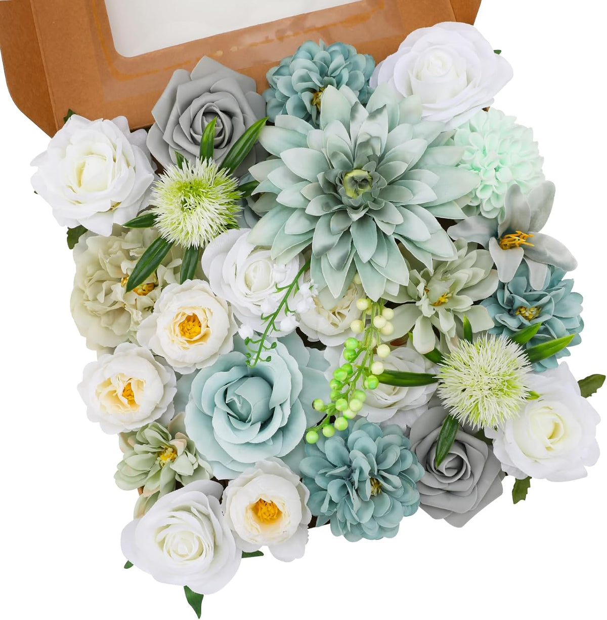 Floweroyal Artificial Flowers Combo Teal Blue Flowers Mix Silk Flowers Dahlia Roses with Stems for