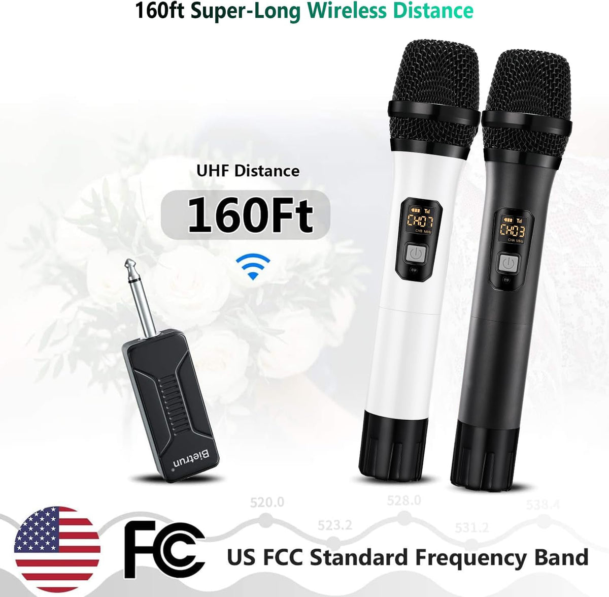 Wireless Microphone, Bietrun UHF Metal Dual Handheld Cordless Dynamic Mic System with Rechargeable