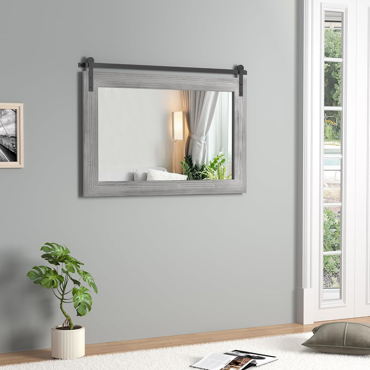 COGOOD Farmhouse Bathroom Mirror - 41" x 30" Rustic Barn Door Mirror for Living Room, Entryway