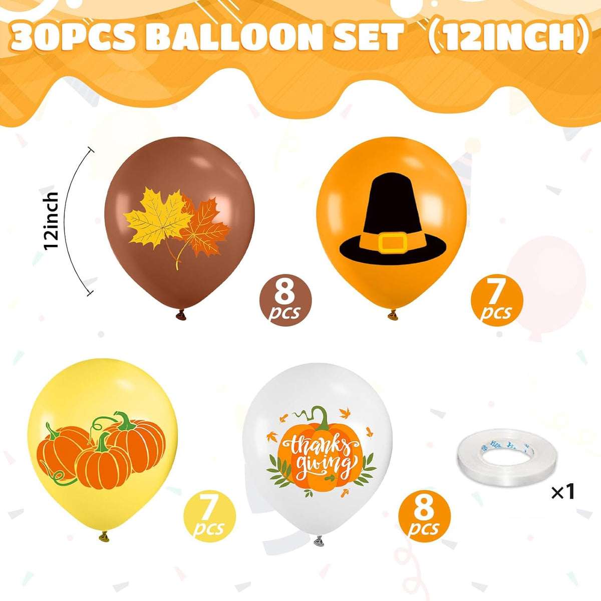 Thanksgiving Balloons, 12 Inch Orange Coffee Brown Yellow White Pumpkin Fall Maple Balloons for Boy