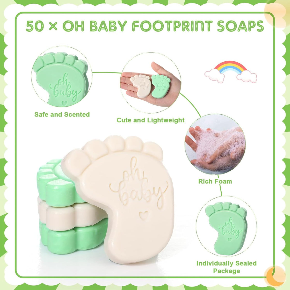 50 Sets Baby Shower Soap Favors for Guests - Mini Handmade Footprint Scented Soap with Thank You