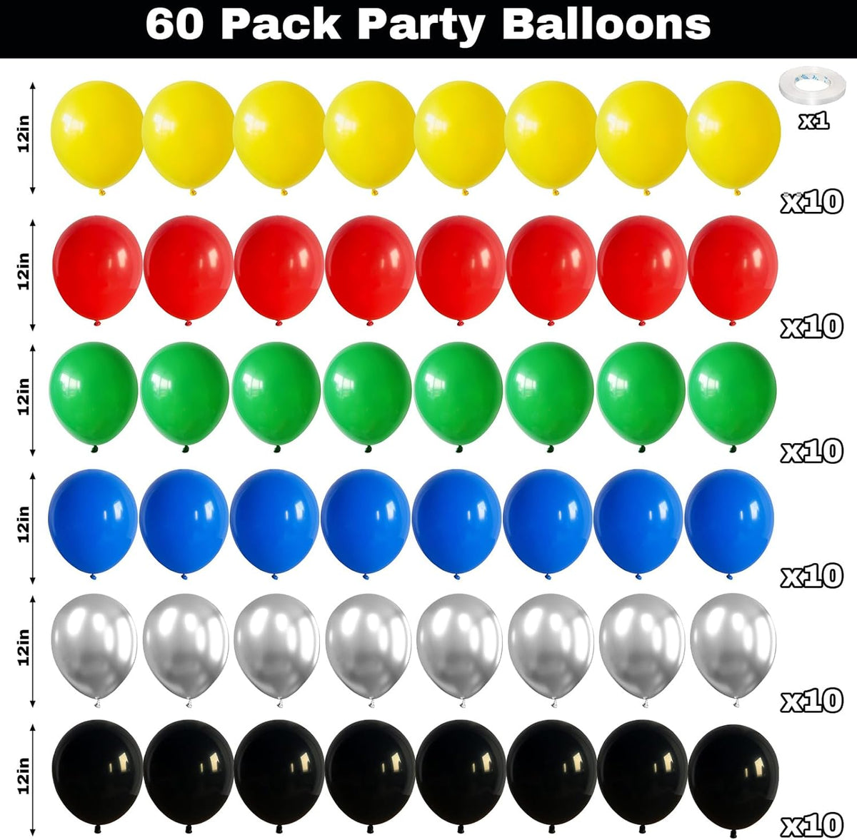 60 Pack Balloons Red Yellow Green Blue Black Party Balloons with Metallic Silver Helium Balloon