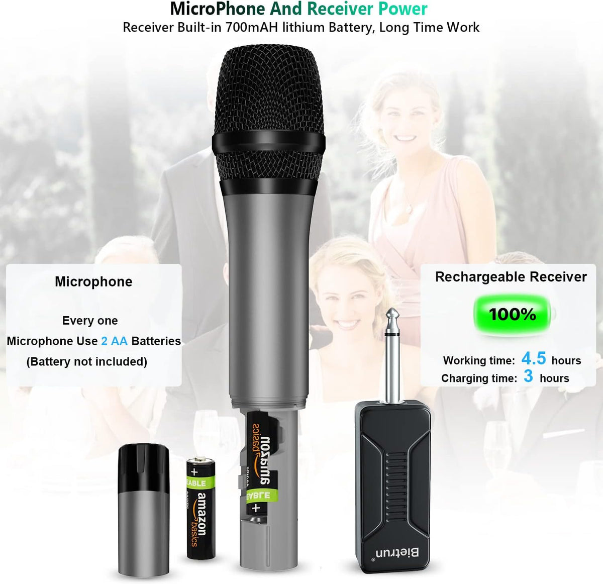 Bietrun Wireless Microphone, Professional UHF Metal Dual Handheld Cordless Dynamic Mic System Set