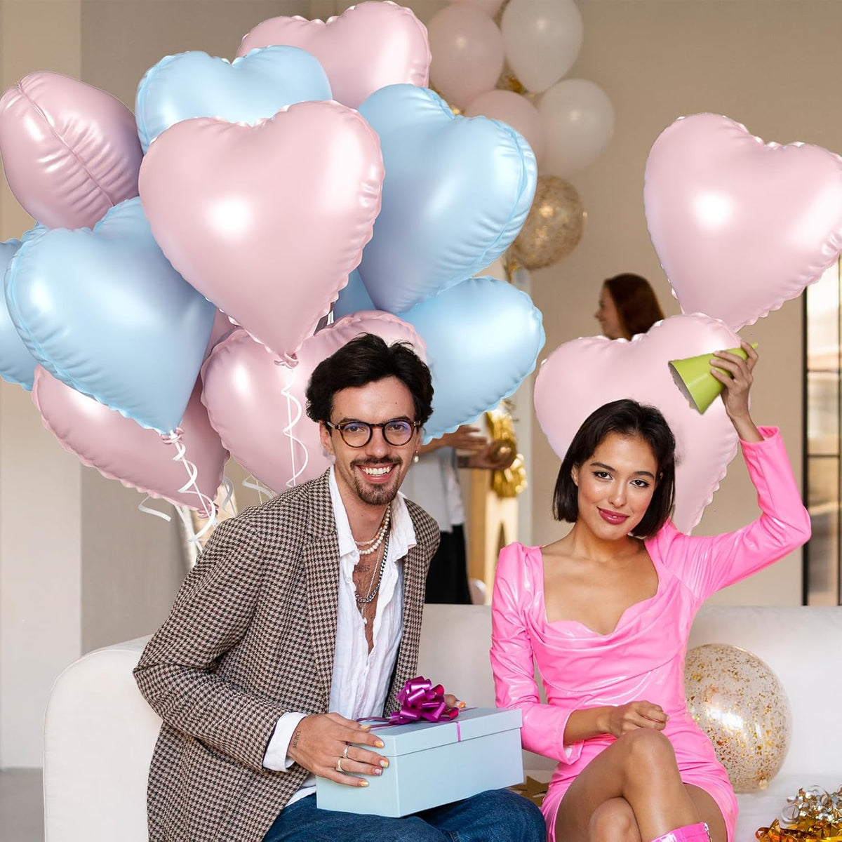 Pink Blue Heart Balloons, 18 Inch Pastel Blue Pink Foil Balloons, 18 Inch Light Pink and Blue Heart