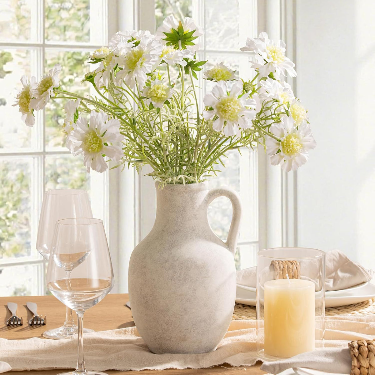 Ceramic Flower Vase Home Decor - 10 Inch Large White Rustic Table Flowers Vases Living Room Bedroom