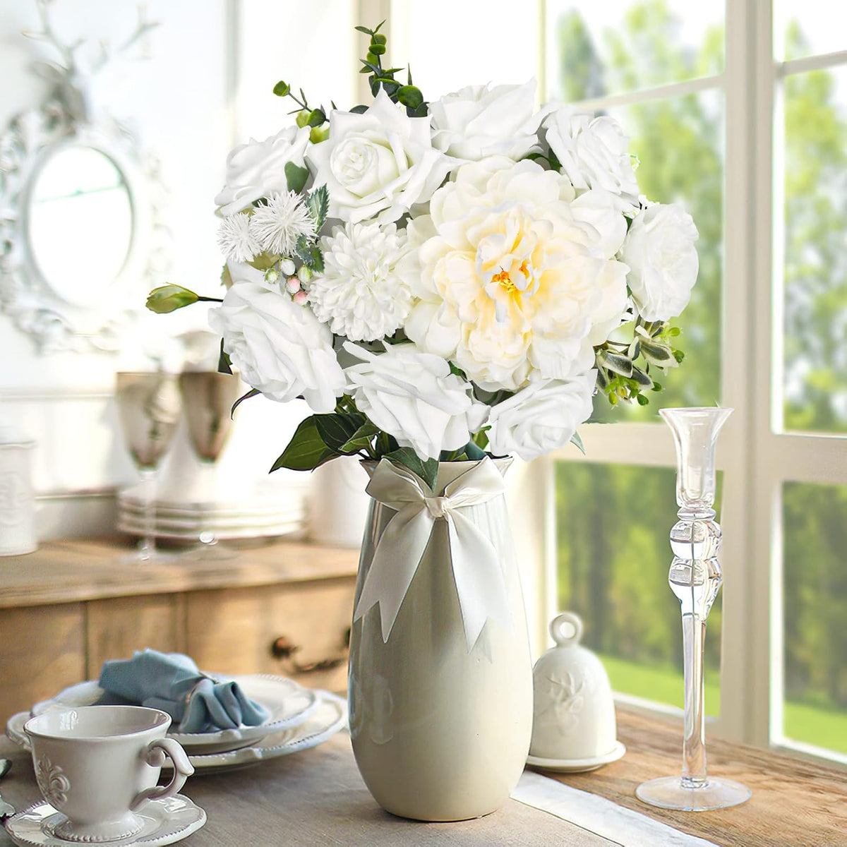 AmyHomie White Artificial Flowers Combo Silk Mix Peony Rose Hydrangea Daisy Fake Flowers w/Stem for