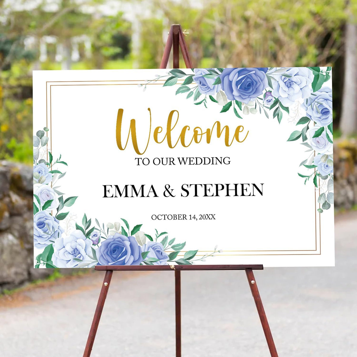 Dusty Blue and Gold Wedding Welcome Sign Template, Printable Landscape Welcome Sign with Blue White