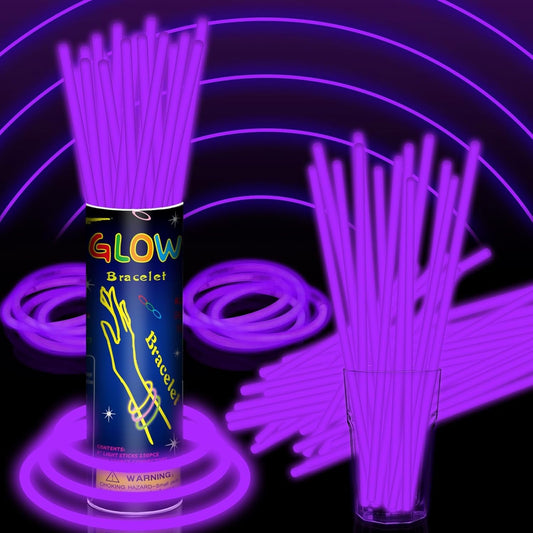 100 Pack 8” Purple Glow Sticks Bulk with 100 Connectors Neon Glow In The Dark Party favors Supplies