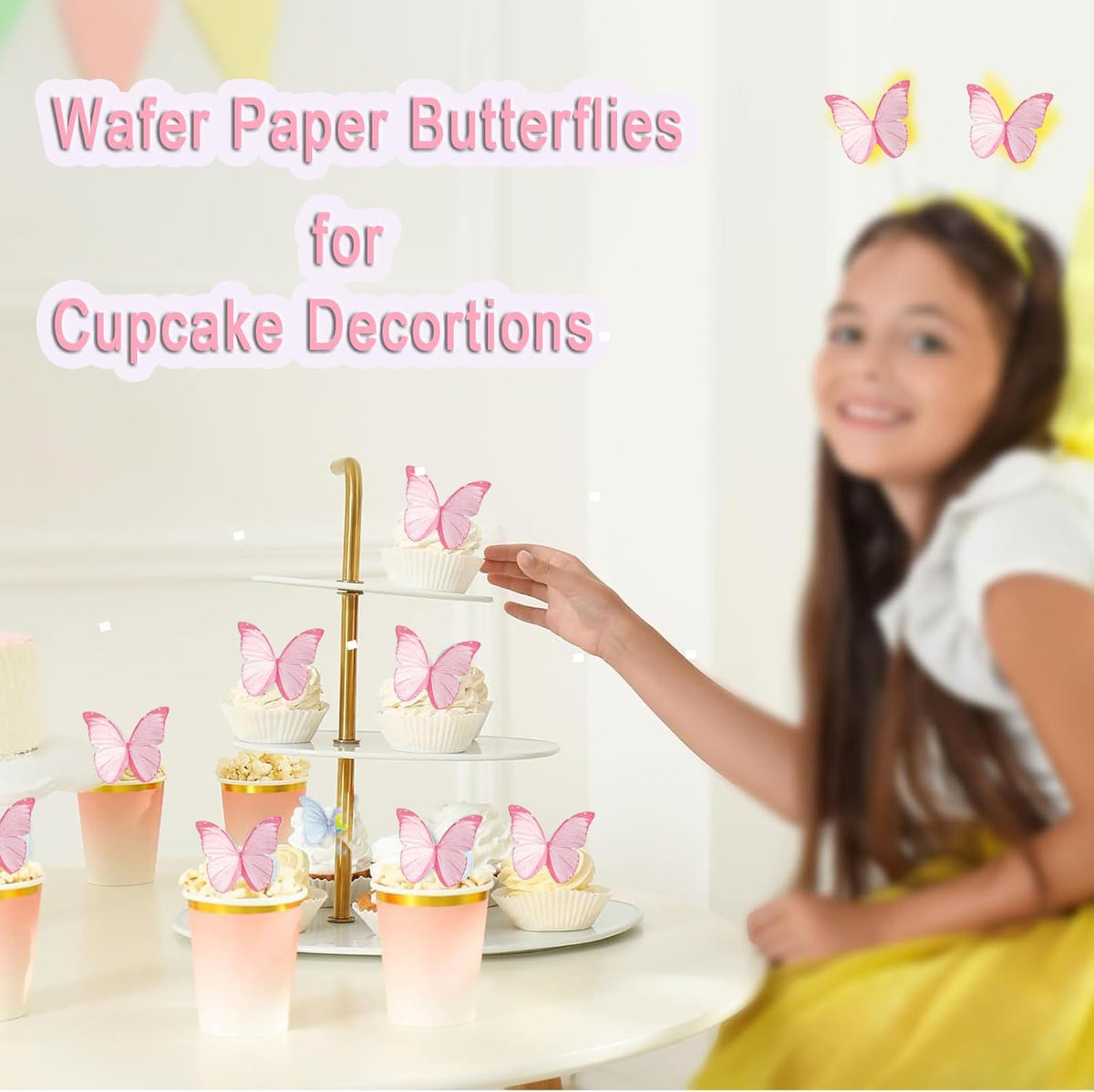 48Pcs Edible Butterflies for Cake Decorations Pink Wafer Paper Butterfly Cupcake Toppers Wafer
