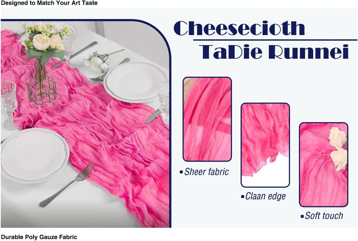 12 Pack Hot Pink 10 Ft Cheesecloth Table Runner 20x120 Inch Boho Wrinkled Sheer Romantic Gauze