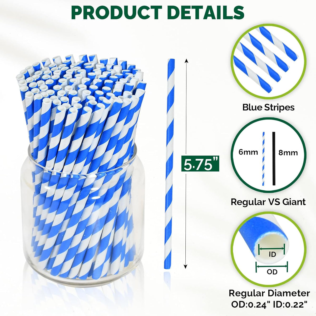 5.75 inch Blue/White Striped Paper Straws & Stirrer Sticks 500 Counts, for Cocktail, Coffee, Bars