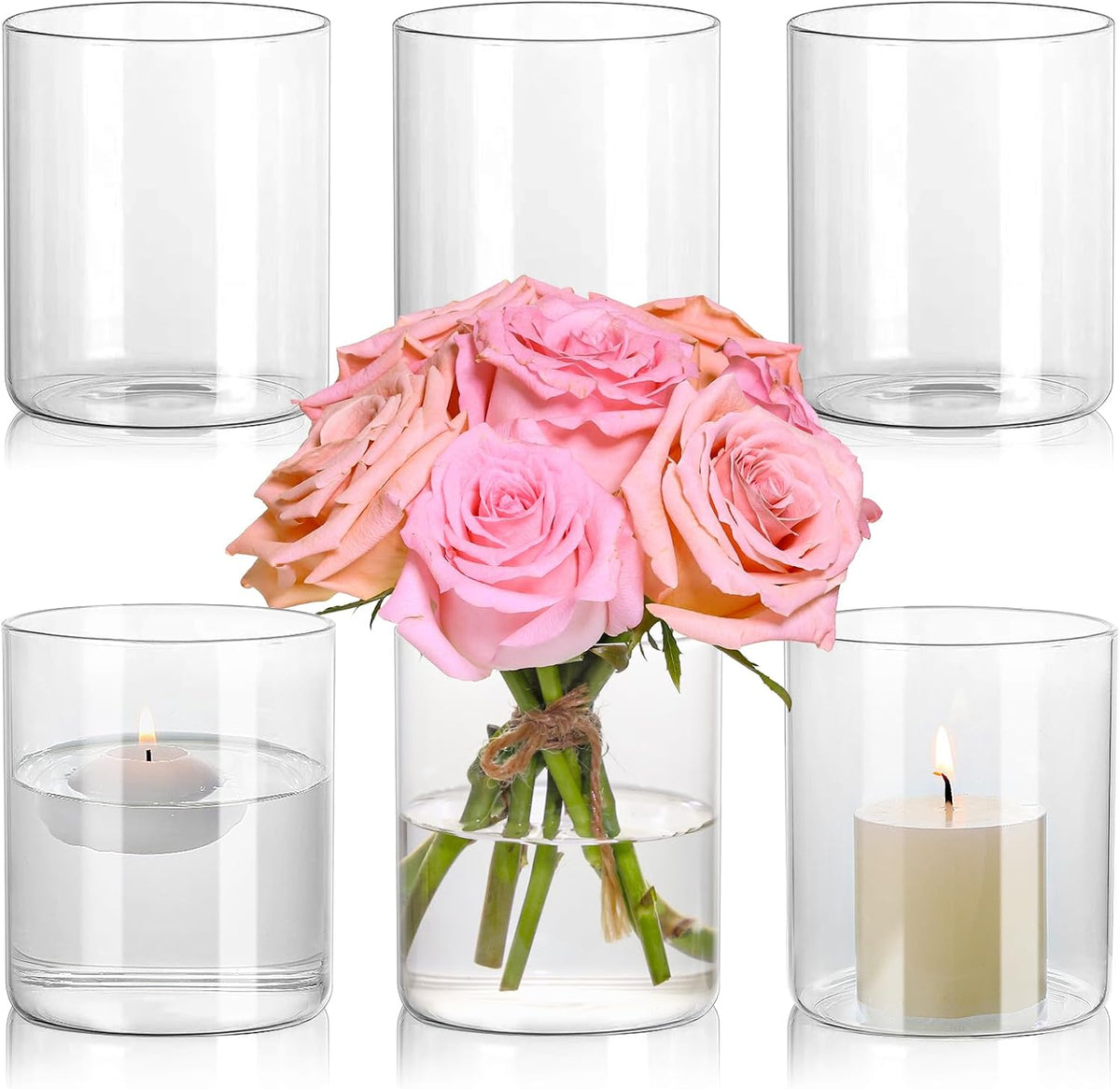 Glass Cylinder Vase Set of 6 for Centerpieces, 5 Inch Short Clear Flower Vases Bulk, Glass