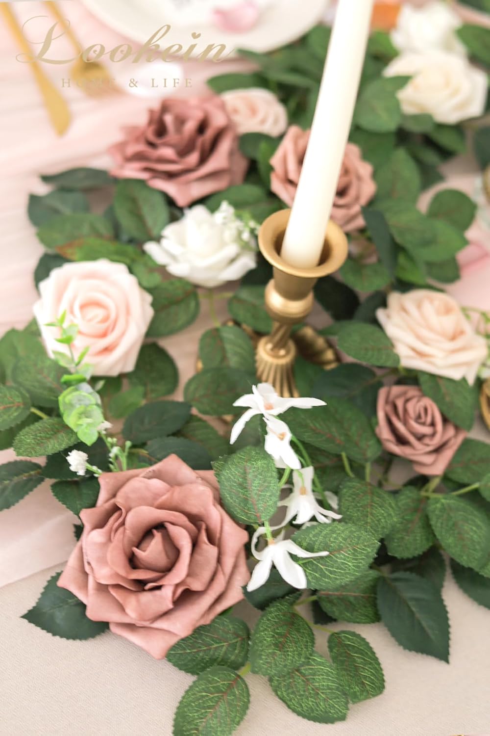 Lookein Artificial Rose Flower Garland Greenery Garland 5FT for Wedding Ceremony Backdrop Arch