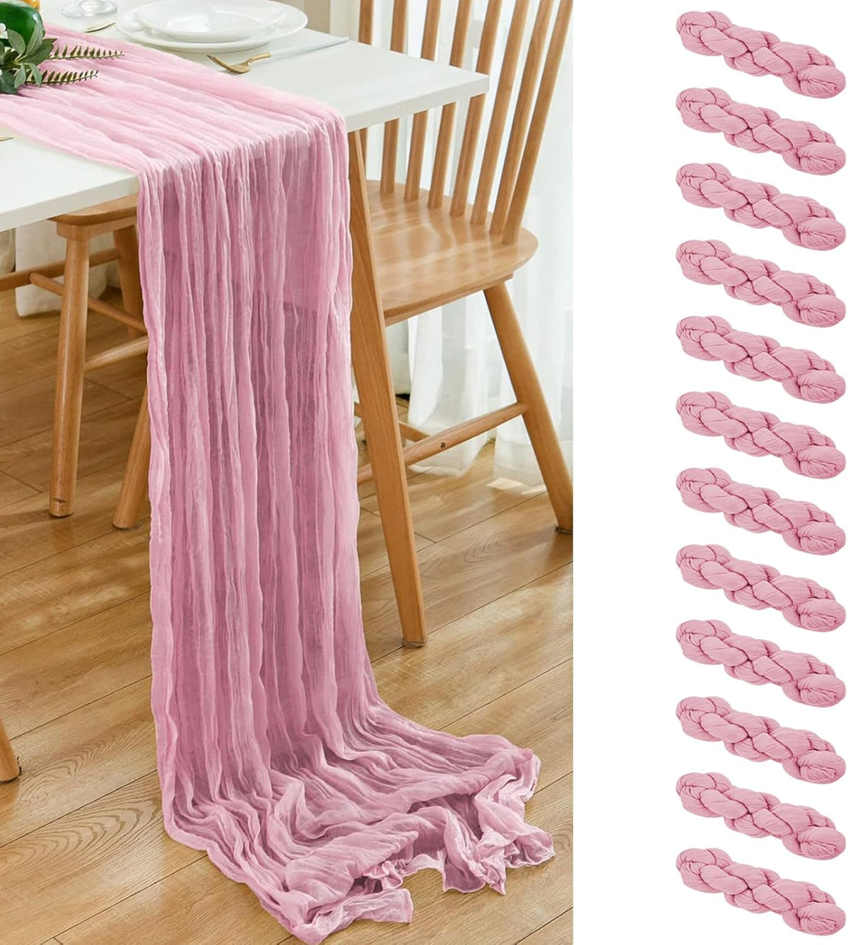 12 Pack Pink 10 Ft Cheesecloth Table Runner 20x120 Inch Boho Wrinkled Sheer Romantic Gauze Decor