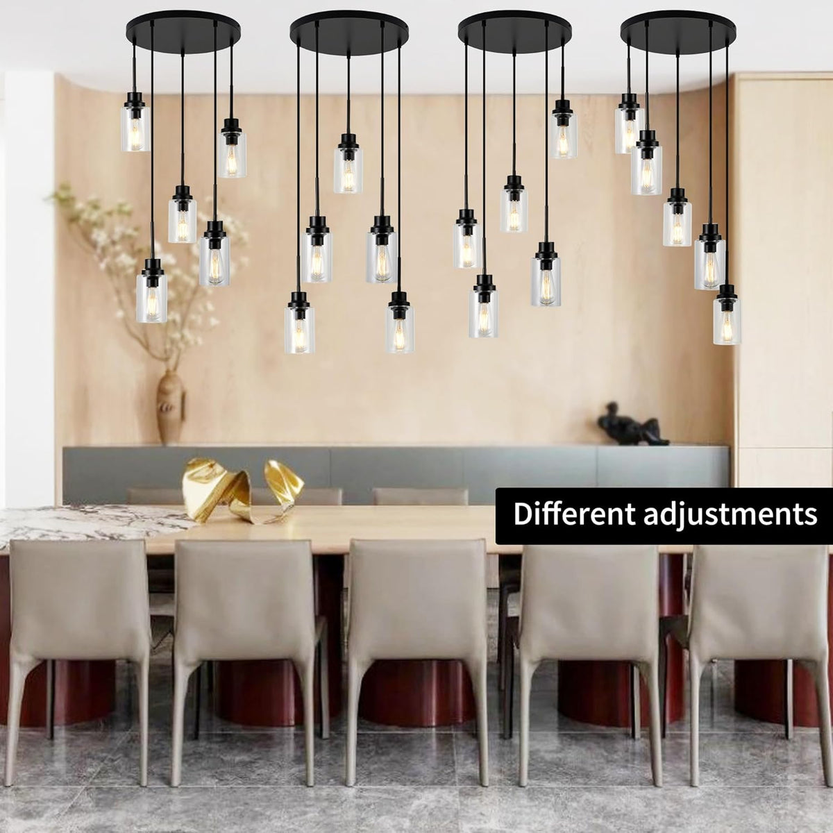 5-Light Kitchen Island Dimmable Pendant Lights with Clear Glass Shade, Black Finish for Dinning