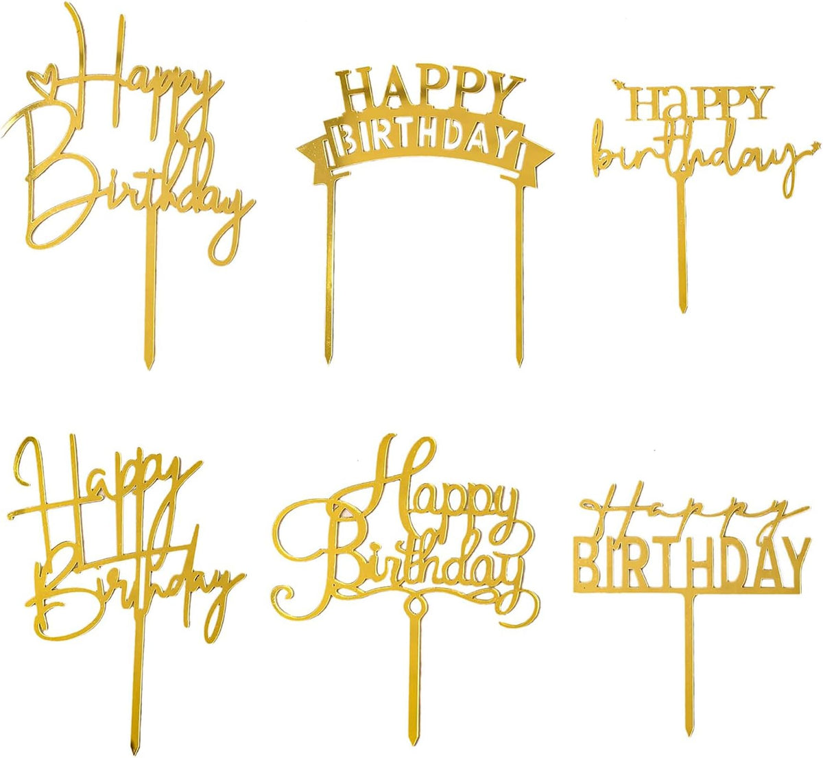 Gold Birthday Cake Topper, 6pcs Acrylic Birthday Cake Toppers Happy Birth Cake Toppers for
