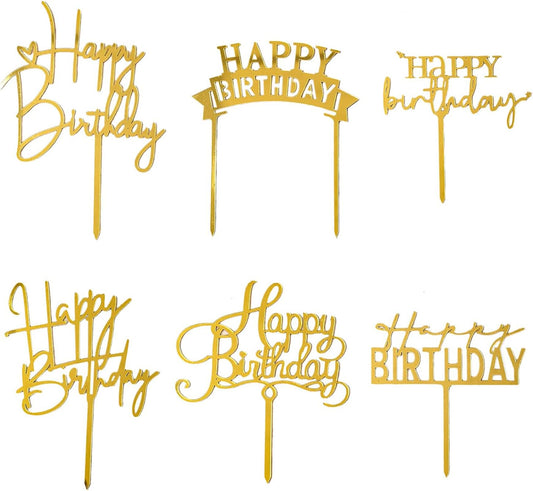 Gold Birthday Cake Topper, 6pcs Acrylic Birthday Cake Toppers Happy Birth Cake Toppers for