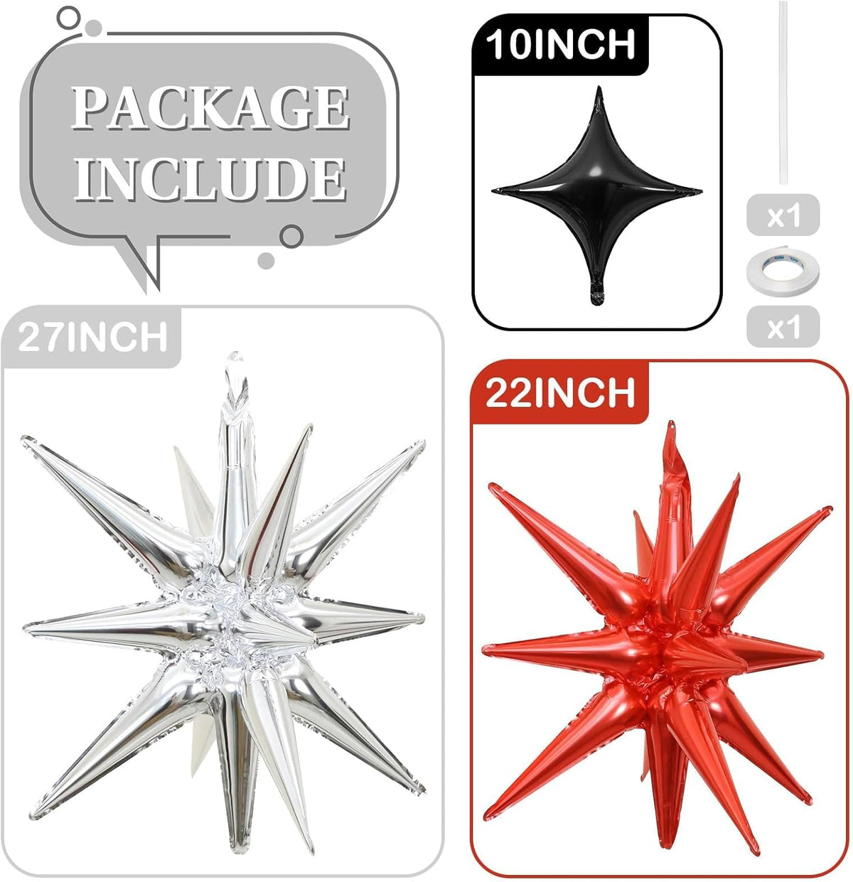 Black Red Silver Star Balloons 12pcs, 27/22 Foil Inch Star Explosion Balloons, Large Spike Mylar