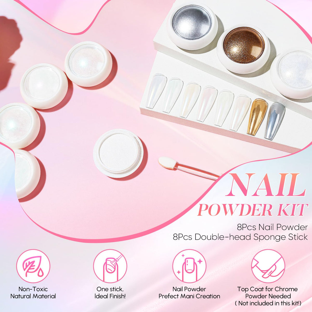 AIMEILI Pearl Chrome Nail Powder, Vegan, Cruelty Free, 8 Colors Aurora Metallic Holographic Mirror