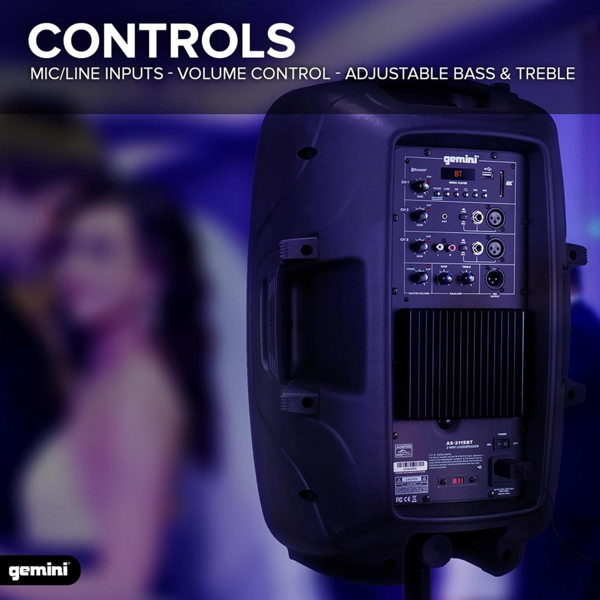 Gemini 12” 1500W Bluetooth PA Speaker with TWS Link, USB/SD/FM, Mic & Guitar Inputs, XLR/RCA/AUX