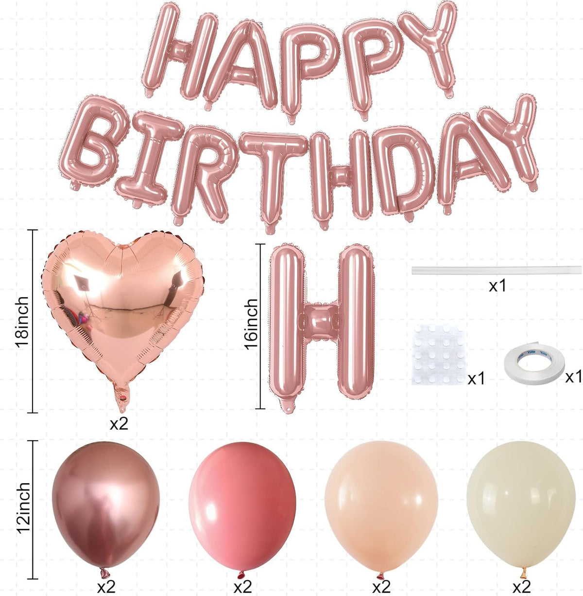 Happy Birthday Balloon Banner Rose Gold, 16 Inch Mylar Letters Rose Gold Heart Foil Balloons Dusty