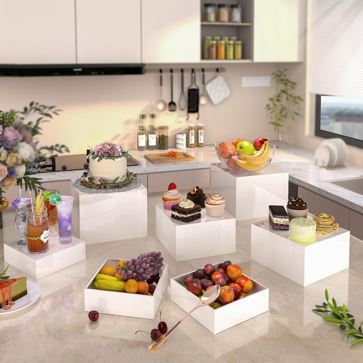 Buffet Risers, Food Display Risers for Party, White Acrylic Risers Display Stand for Buffet Table