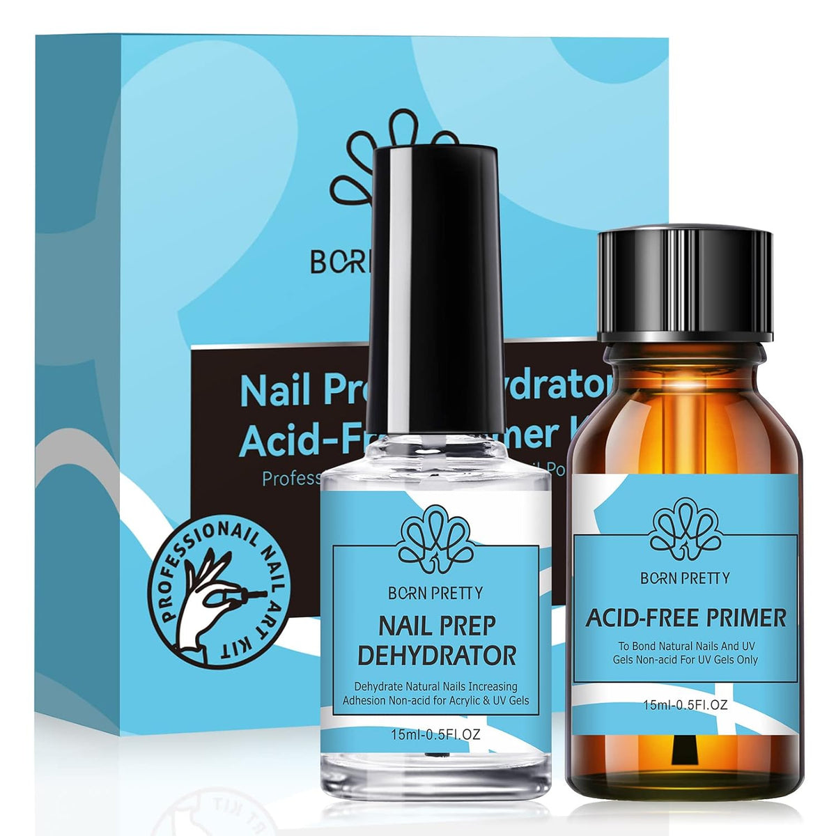 BORN PRETTY Natural Nail Prep Dehydrate and Bond Primer Acid-Free,15ml Dehydrator for Acrylic and