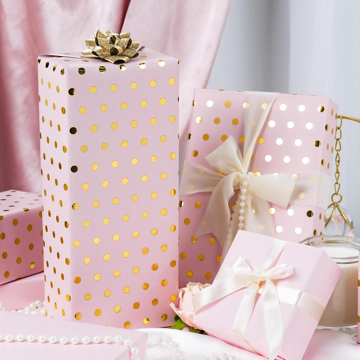 Flyhill Pink Wrapping Paper Roll,Reversible Mini Roll Gold Foil Polka Dot Gift Wrap for