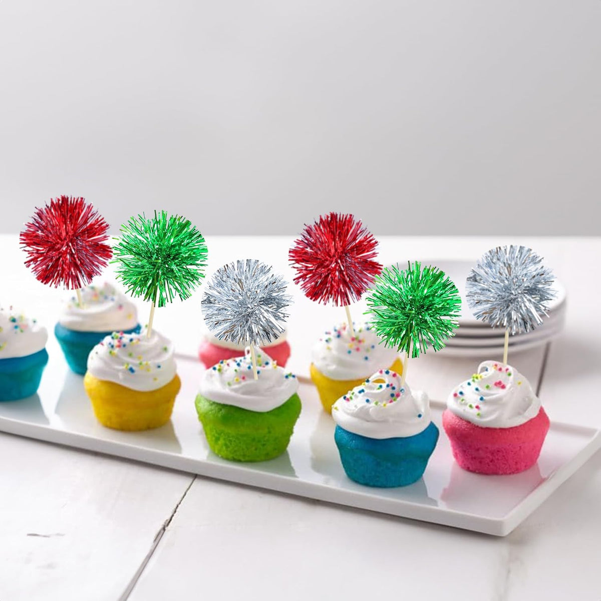 Gyufise 30Pcs Foil Firework Cupcake Toppers Sparkle Tinsel Cake Toppers Tinsel Drink Cake