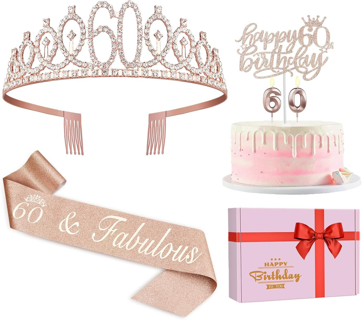 60th Birthday Decorations for Woman, Including 60th Birthday Sash and Crown, Cake Topper and
